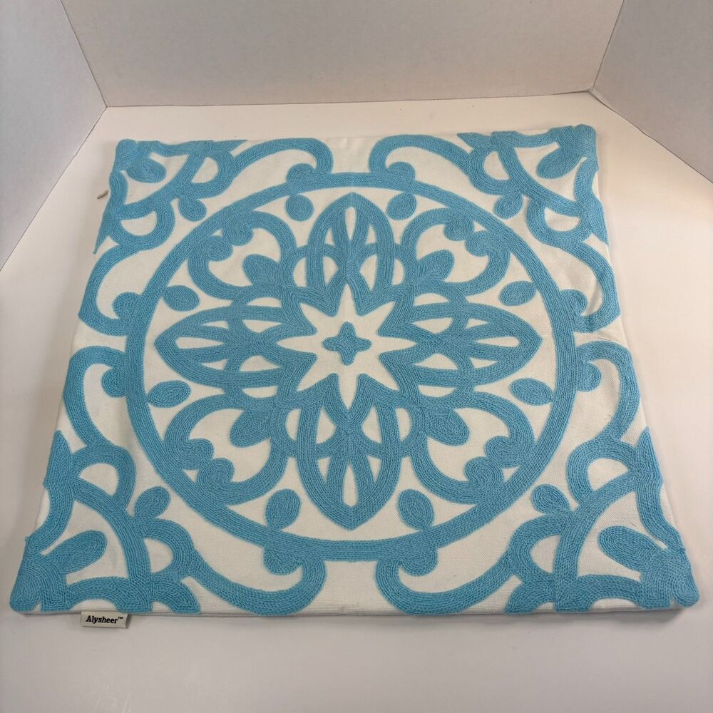 Alysheer Aqua Blue Embroidered Mandala Throw Pillow Cover Appr. 18x18Cotton Boho